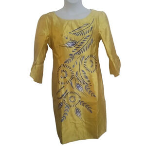 Alisa style canary yellow blue print satin dress xl